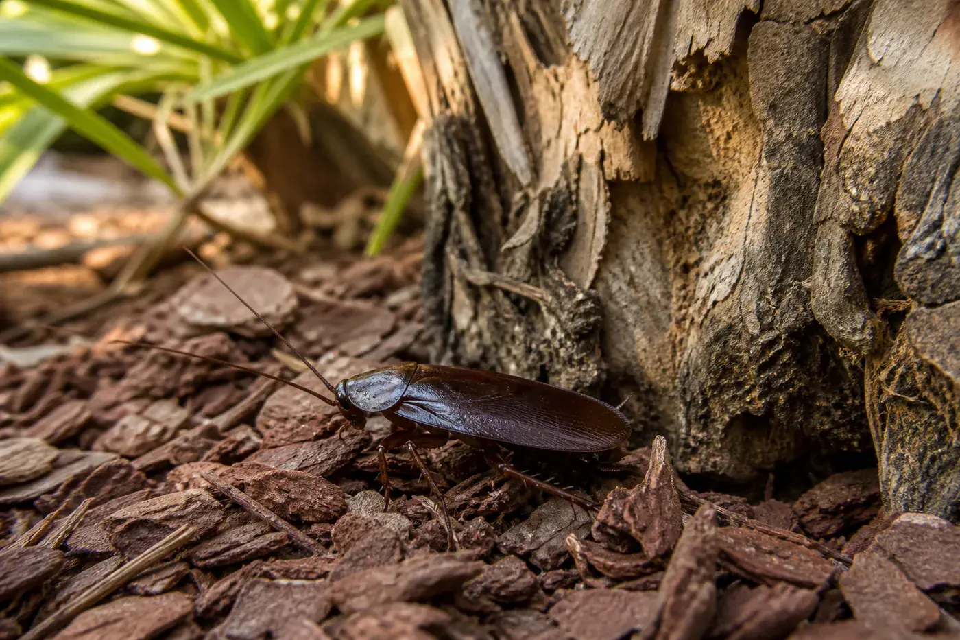 Smokybrown cockroach on pine bark mulch by a palmetto trunk, the yard a palmetto bug leaves when it comes inside