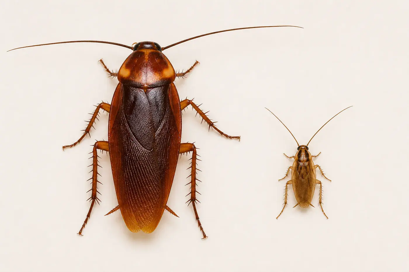 American cockroach beside a much smaller German cockroach